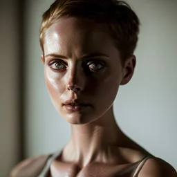 photo, rule of thirds, deborah ann woll dramatic lighting, short hair, detailed face, detailed nose, woman wearing tank top, smirk, realism, realistic, raw, analog, woman, portrait, photorealistic, analog, realism