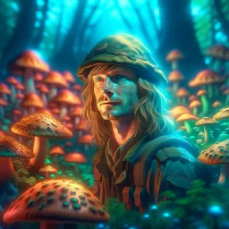 portrait of hippie army officer inside glowing mushroom grove, 8k, down-light, soft light, depth of field, photo realism, trending on art station, high detail