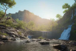 Sunny day, Epic waterfall landscape, rocks foreground