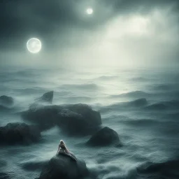 shore, dark, fog, sea, moon, stormy, ethernal, mermaid,