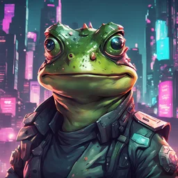 Battletoad looking fierce, in cyberpunk game art style, background city