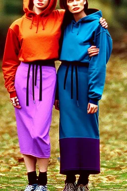 year 1996 fashion. Straight skirt, low waist. Combat hoodie with tippet. Colors: denim blue, blue, purple, cream, khaki, light green, lilac, plum, orange, terracotta, red, light yellow, pink, dark blue, beige. Latex in small part. Sturnus vulgaris pattern prints.. bridget jones and jennifer lopez. Hoodie.