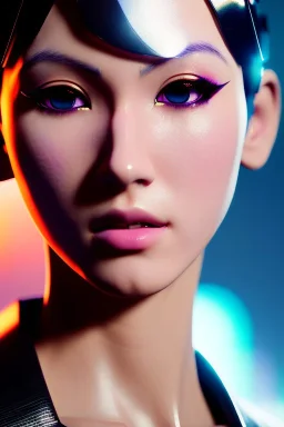 Futuristic anime cyborg, portrait from waist up, intricate eyeliner, vibrant eyeshadow, clear completion, soft lighting, 4k resolution, intricate details, insanely detailed, colorful cityscape background, masterpiece, expert, cinematic smooth, retroanime style, realistic details, no helmet, pastel hair color