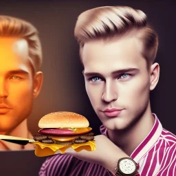  portrait of blond handsome man with head band and golden watch, behind him another chef in front blurred dark wooden wall, tasty commercial burger, shiny fork and knifes on dinner table with cloth, fantasy art book cover