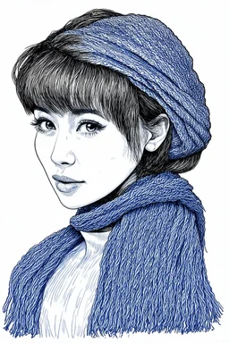 Chanteuse Jen h.ka, cache-nez en laine, dessinée au stylo Bic bleu