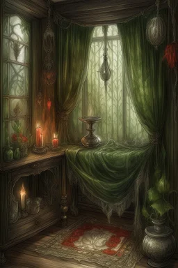 english watercolor, witch's boudoir, mirror, curtains, cobweb, filigree, dried flowers, textiles, candle, magical lighting effect, fairy tale illustration, fine drawing of details with colored pencils, grunge, high resolution, high detail, dark fantasy, dark botanical, beautiful, ISO 100, pixel graphics, hdr, emerald colors, beige, red, deep blue, umbra, grey, dusty rose, gold