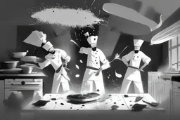 black white storybord, 3 chefs, scattered throughout the kitchen cooking, frying, cutting looking