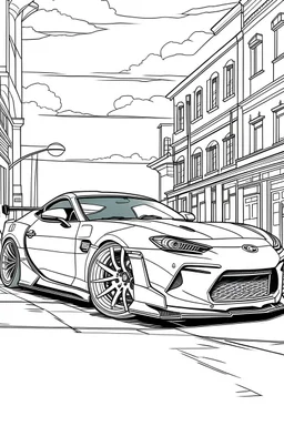 coloring page, car Toyota Supra 2019 alternative parked on the asphalt street, cartoon style, thick lines, few details, no shadows, no colors, centered in the image