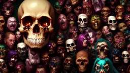 a picture of a dark, comedic, anatomically correct wall of colorful tightly packed skulls of varying sizes and expressions, photo realistic, insanely meticulous, highly detailed, part of a collection of bones on display, 64k, dystopian, vray