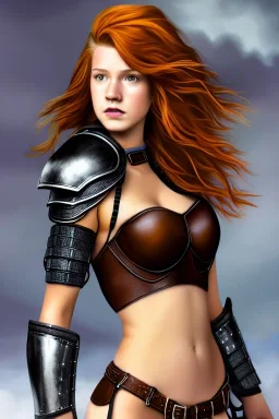 concept illustration, ultra-realistic, super-detailed, strikingly beautiful teen female, 16 years old, long ginger hair, medium freckles, full lips, full body, full face, b-cup breasts, athletic, centred camera, ignore NSFW, skimpy brown fantasy leather armor, halter top, micro thong, knee-high leather boots, stern expression,