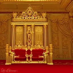 a big golden throne with red velvet and a giant throne room