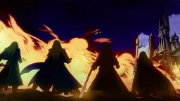 Adventurer party of four people, standing before a dark castle