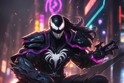 Venom Shredder in 8k solo leveling shadow artstyle, sombra them, close picture, rain, Shredder helmet, neon lights, intricate details, highly detailed, high details, detailed portrait, masterpiece,ultra detailed, ultra quality