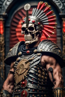 A Roman centurion, transformed into a skull adorned with darts, set against a heavy metal-inspired scene