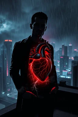 ANIMAL HEART album cover, dark-pop industrial rock anthem, cinematic cyberpunk city at midnight, charismatic male silhouette on rooftop, glowing black chrome anatomical heart with red energy veins floating in chest, electric rain, neon lights, smoke, sparks, storm clouds, futuristic dystopian atmosphere, seductive, rebellious, epic, powerful, emotional tension, high contrast, deep blacks, crimson red highlights, luxury music branding, dramatic volumetric lighting, cinematic shadows, hyper-realis