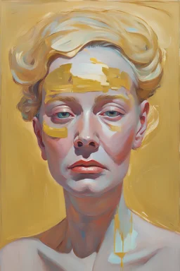 Maria Lassnig oil impasto paintingwoman Clad in the liquid gold of avant-garde elegance, her gaze is an enigmatic force that beckons the beholder into realms of opulent mystique.David Lynch movie still
