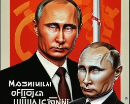 Russia president Vladimir Putin, evil fangs, blood and Moscow in fire atomic bomb cudgel