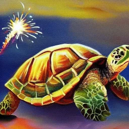 Oil painting style turtle and fireworks