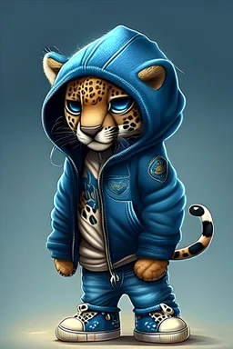 A cute jaguar and and animation has wing and wears Blue Jeans and hoodie .