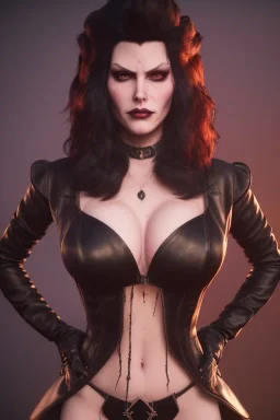 Amy Dumas as evil queen in black leather, leather, busty, cleavage, angry, rage, stern look. character design by cory loftis, fenghua zhong, ryohei hase, ismail inceoglu and ruan jia. unreal engine 5, artistic lighting, highly detailed, photorealistic, fantasy