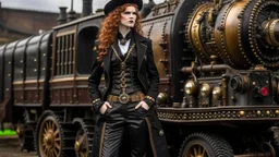 full-length portrait of a pale-faced steampunk woman with auburn wavy shoulder-length hair, with detailed metal arms and legs, dressed in leather trousers, and a jacket, standing beside a steam carriage