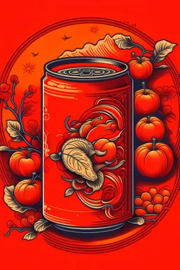 Orange and red can with chillis and oranges on the can in an ancient chinese art style