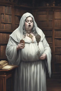 ghost of a scholar fat female with a key in a library