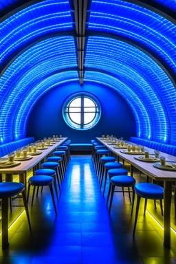 A restaurant whose outer walls are oval in shape, the color of the inside is blue, and its floor is light, with one large table in the middle of the restaurant in the shape of an oval, the length of which is 6 meters.