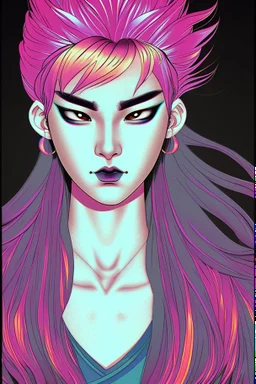 Asian androgynous woman, in detailed 80's graphic novel illustration, piercings, rainbow hair, androgynous look, epic colour treatment, cinematic colour treatment