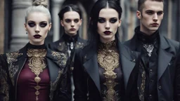 goth fashion, women and men in nice goth clothes, black, silver, gold, burgundy fashion colors, High detailed, sharp focus, looking at the camera, cinematic, masterpiece, high realistic, fashion photo