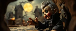 pin hole picture, miniatures on fake scene,master oil painting by Rembrandt, good afternoon disney bitch scary stone age vampire, close up on a stupid doll trying to explain something weird
