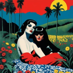 [art by Helmut newton and David Hockney] false east, nightmare embrace, pulp sci-fi, retro, dark sci-fi, hippie aesthetic, flower power, trippy colors, tarot, macabre, pin-up girls