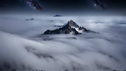 looking down from space at a misty mountain coming through the mist and surrounded by the mist at night starry sky