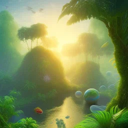 starting of life on earth, beginning, cells, microbes, sunrise, water, tropical jungle, plante, evolution, photorealistic