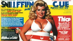 SNIFFIN’ GLUE magazine high res photo cover by Russ Meyer: special issue #42 on the business of adult pull-up thick diapers, seen from bellow, guest star: blonde Sally knows that there were incontinent women like herself with large busts out on the beach and she is missing adult ultra thick pull-up diapers with the matching bras. Her concept is to pair diaper designs with bra designs, specifically themed for surfing.