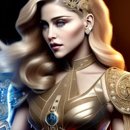 madonna, Cyborg warrior, light blonde hair, crown, pixie hairstyle, cobalt eyes, waist up portrait, 8k resolution, intricate details, ornate details, soft lighting, vibrant colors, masterpiece, intricate eyeliner, dark eyeshadow, eyes, intricate tattoos, futuristic cityscape background