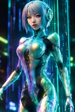 (masterpiece, best quality, highres:1.2), (intricate and beautiful:1.2), (detailed light:1.2), (colorful, front angle), up close futuristic matrix hologram , it's in the form of a 3D statue, emerged in the air, part of the hologram is a stunning anime female, dynamic action pose, emo, goth and dark theme, tight red dress(abstract art gallery background:1.3), (cinematic), ultra realistic kawai, mysterious look