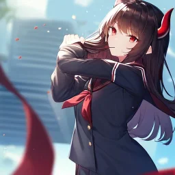 Clear focus,High resolution, Black long hair, Red eyes, Red horns, Wearing a black and red sailor uniform, Holding her hair, Sighing