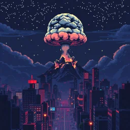 16 bit pixelart of a retro anime style, serius dark 1990s anime style, city, atomic mushroom cloud, synthwave, destroyed city