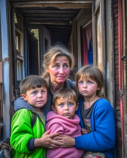 a poor worried mother with children taking shelter under damaged building in war torn city of Ukraine