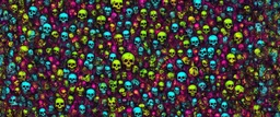 a field of 1000s of cartoonish, anatomically correct, skulls, vivid RANDOM BRIGHT neon colors, dark comedy, well lit, high detail, photorealistic, horrorcore, fun, scary, none featured, each a different color or hue,