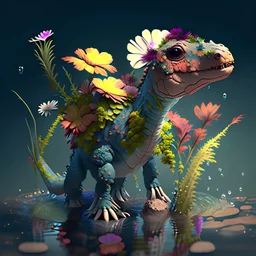 A small dinosaur made of flowers and water