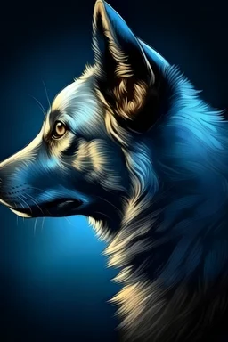 An illustration of grey dog with bright blue eyes in a style of watercolor, profile view, golden hour, , realistic, high resolution, volumetric, chiaroscuro fix frame