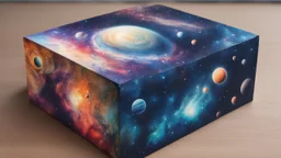 a box 10 cm long by 5 cm wide and 25 cm high, drawn on a box on all sides, space, tress, planets, galaxies a lot of colours, very realistic