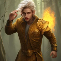 Male, Human, Blond, Sorcerer, Fire Mage, Golden Eyes, Young, Photorealism, Full Body Shot, Forest Background