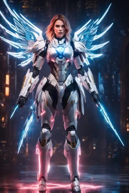 Gorgeous Photography realistic neon lightning around, epic scene of the super model beautiful European as woman Angel with fully armor cyborg gundam robotic,full body, lightning, sharp focus, fantasy, concept art, dynamic lighting, epic composition