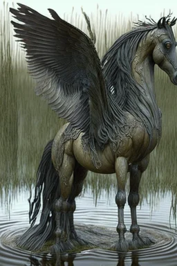 Swamp winged horse ,realistic, intricate