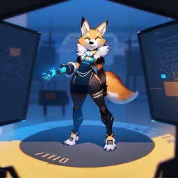 a fox fursona, darker colors, master quality, backlighting, soft lights, full body portrait, in frame, 8k, furry, fur, dark color pallet, robotic arm, cyberpunk, anthropomorphic, perfectly drawn face, well drawn paws