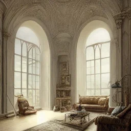 Living room with a big full wall window, white Beaux Arts architecture,interior design,point of perspective,by Jean Baptiste Monge, Epic cinematic, brilliant stunning, intricate, meticulously, detailed, dramatic atmospheric, maximalist digital matte painting