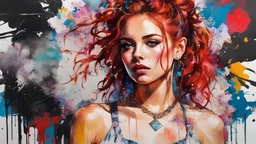 acrylic illustration, acrylic paint, oily sketch, (masterpiece, best quality), 1girl, collarbone, wavy hair, looking at viewer, blurry, upper body, necklace, suspenders, floral print, ponytail, freckles, red hair, sunlight, graffiti, maximalism, wildstyle, art by Carne Griffiths and Wadim Kashin